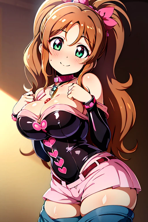 masterpiece, best quality, ultra-detailed, kawaii, cute, lovely, sexy, ero, extremely detailed, 4K, 8K, best quality, beautiful, anime style, latex bodysuit, beautiful eyes, large breast, tattoo, ahegao,imai lisa,bang dream!,brown hair,green eyes,ponytail,long hair,bangs,parted bangs,sideburns,long locks,side locks,medium breasts,denim shorts,salmon pink shirt,groin,off shoulder,necklace,short sleeves, leaning forward,seductive smile,see-through,lift up skirt,cleavage between breasts,seductive smile,naughty expression,camisole,lift up skirt,sexy pose,seductive smile,heart-shaped pupils