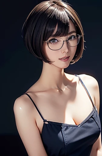 (masterpiece), (8k, best quality, high resolution), (ultra-detailed, realistic), (anatomically correct),
((face close-up)), (Standing), (No background),
(1woman), (looking at viewer),
(A Japanese woman, 30 years old and 155cm tall.),
(black hair), (straight hair), (short hair style), (bob cut), (hair behind ears),
(wear glasses), ((black cell frame glasses)),
((Wear a navy blue spaghetti strap dress)), (Mini length dress with simple design),
(Create a detailed image of the eye),
(Her impression is pure, clean and kind.),
((A captivating smile, just showing a few teeth.)),