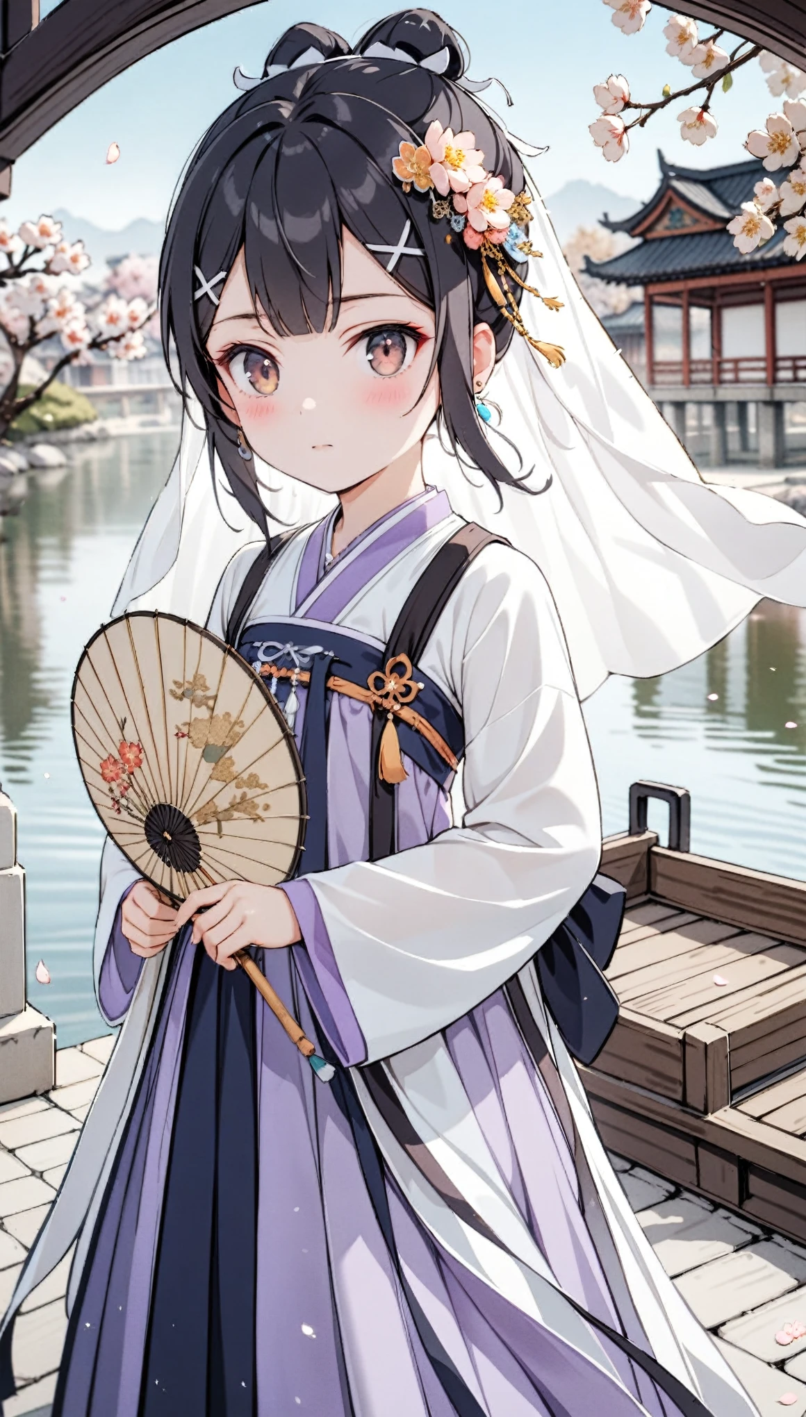 1girl,(Miyu Edelfelt),****,solo,bangs,brown_eyes,black hair,updo,expressionless,blush,flower,beautiful detailed_background,small breasts,butterfly,(purple gorgeous hanfu, jin style outfits),gold trim,upper shan, chest ru skirt, cape coat,earrings,mask,chain,face chain,((veil)),explicit,flower,general,x hair_ornament,hanfu,holding_round fan,((peach blossom)),jewelry,long_hair,looking_at_viewer,questionable,sensitive,solo,tassel,tassel_earrings,upper_body,(spring),Chinese style architecture, Chinese style, lake, ancient town, beautiful and meticulous water, (Fishing boat), pavilion,steam,Surrounding by falling peach blossoms petals, han style