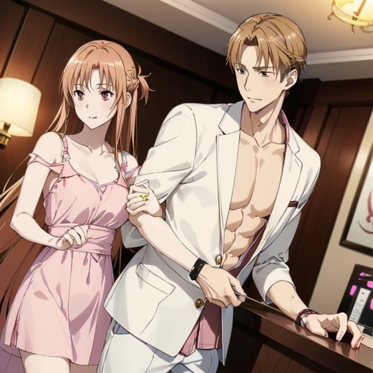 ((highest quality)), ((masterpiece)), (detailed), Perfect Face、Yuuki Asuna、（The woman is a brown-haired Japanese）、((A woman, completely drunk, is dragged by a white man into the front desk of a pink neon love hotel.))、（A white man embraces a drunk woman and takes her to the front desk of a love hotel）、((The white man is tall, well-built, and has a strong body.))、The woman is dressed casually、Man dressed casually、（The woman is drunk and in a good mood, her face is red and her eyes are closed.）、In front of the pink neon love hotel