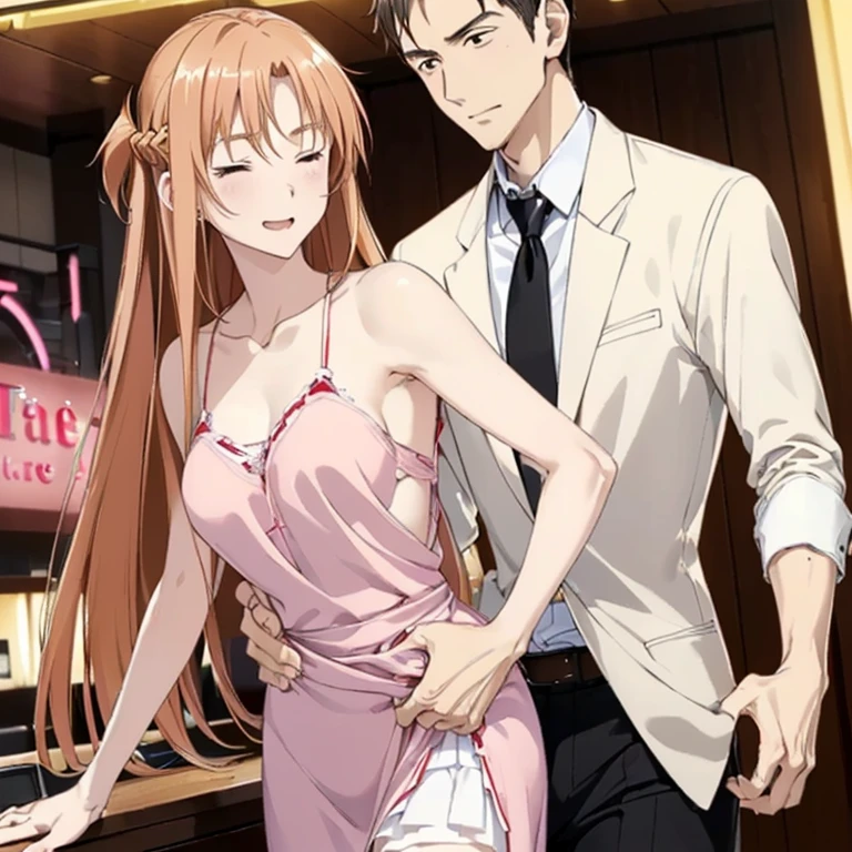 ((highest quality)), ((masterpiece)), (detailed), Perfect Face、Yuuki Asuna、（The woman is a brown-haired Japanese）、((A woman, completely drunk, is dragged by a white man into the front desk of a pink neon love hotel.))、（A white man embraces a drunk woman and takes her to the front desk of a love hotel）、((The white man is tall, well-built, and has a strong body.))、The woman is dressed casually、Man dressed casually、（The woman is drunk and in a good mood, her face is red and her eyes are closed.）、In front of the pink neon love hotel