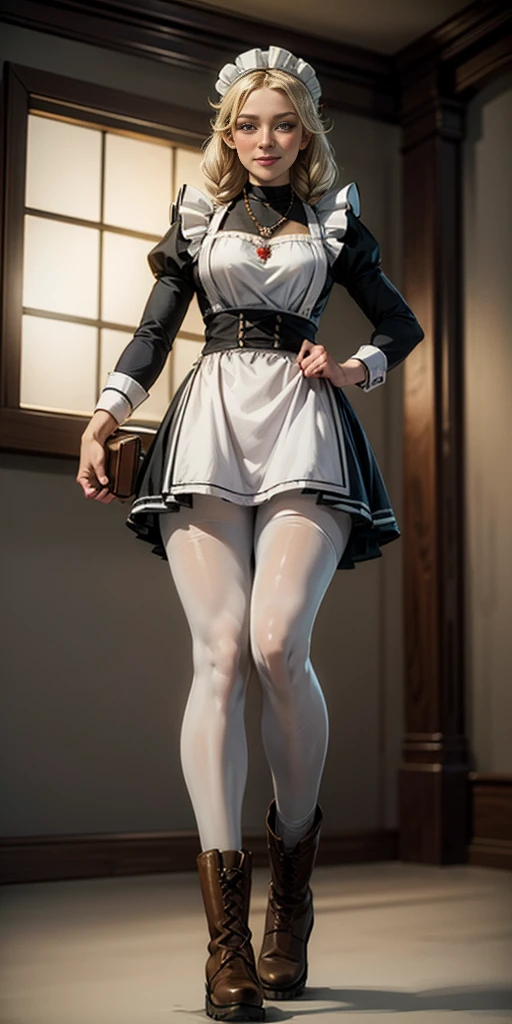 (masterpiece, plain background) full body standing straight symmetrical, lustful smirking smile face red blush red cheeks, looking at viewer, view from below, holding tray empty, 2braids, maid headdress, pearl necklace heart shaped, maid, dress, white apron, long sleeves, brown pantyhose, long leather military boots, thighs, long hair, roxanne dog fluffy ears