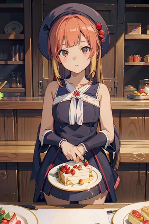 anime girl with a hat and strawberries on her head sitting at a table, kawacy, anime visual of a cute girl, cute anime girl, eating cakes, young anime girl, guweiz, high quality anime artstyle, anime girl, artwork in the style of guweiz, beautiful anime girl, pretty anime girl, (anime girl), official artwork