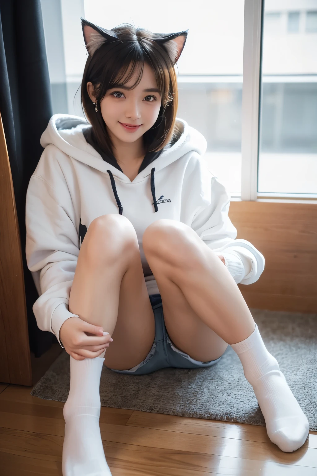 (best quality,4k,high resolution,superb details,ultra realistic:1.2),ultra-detailed,professional,vivid colors,pin-sharp focus,HDR,UHD,studio lighting,physically-based rendering,beautiful detailed eyes,beautiful detailed lips,extremely detailed eyes and face,long eyelashes,18 years old,pretty,asian girl, body,short messy hair,wearing cat ear earphones,smiling to camera,cheerfully posing, cute expression,pretty face,slim waist,tone leg, firm thigh,small breasts,wearing jacket with hoodie,wearing tiny mini skirt,long white socks covering knee,black shoes,at cosplay exhibition,photorealistic,horror,anime