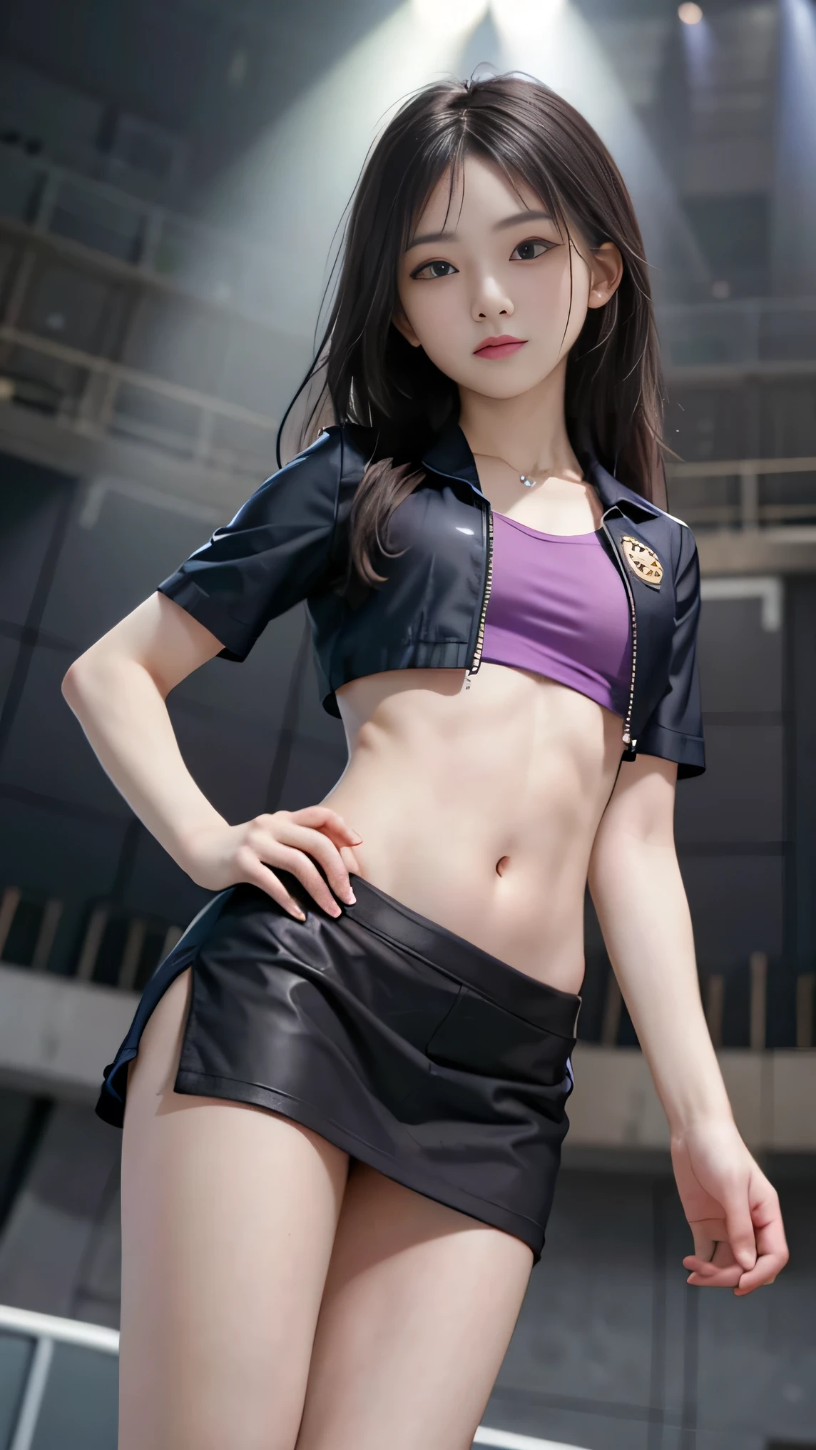 4K Ultra HD, masterpiece, best quality, female, sports girl, happy, nice face, laugh, detailed eyes, detailed lips, very long hair, Multicolored floating hair, slim body, medium chest, tight abs, small waist, purple costume, short sleeve, crop top, open jacket, black jacket, skirt, small, dark shadow, bright sunshine, stadium background,