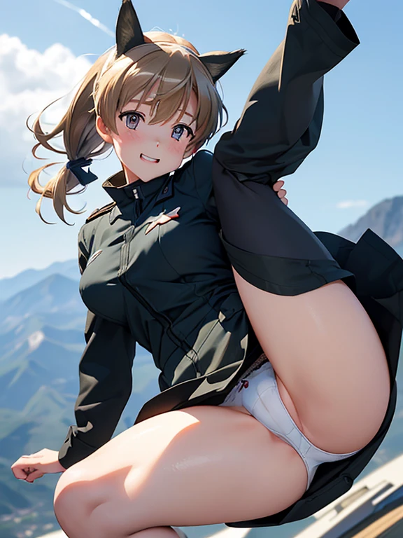 {(masterpiece,best quality, 8K UHD, extremely detailed CG, detailed beautiful face and eyes and skin and hair)}, {(kyoani style:1.4), (3d ultra realistic photo graphic:1.4)}, {(Free fall from Altitude 10000m:1.4), (out of focus background:1.4)}, {1woman, medium hair, Ponytail hair with braids, medium breasts, forehead}, {(strike_witches:1.4), (white small_lace_panties:1.1), (military shoes:1.1)}, {(spread thighs), (throw one's legs out)}, {(cheerful:1.4), (candid shot), (hair stands on end in the wind)}