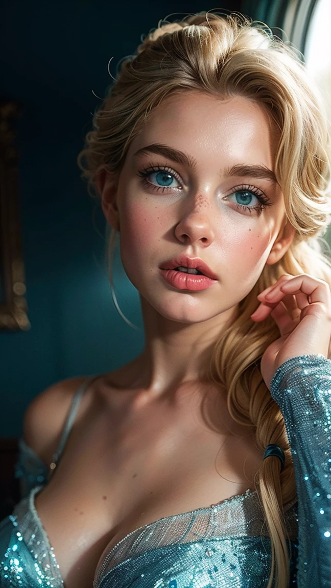 Ultra-realistic photorealistic face and full body image of Queen Elsa with a beautiful face, with deep blue eyes that captivate anyone who knows them. Her tufted blonde hair falls gracefully over her shoulders, framing her face elegantly. Full lips paint a wonderful mouth. Her face is adorned with one or more moles and a charming hole in her chin, adding a touch of mystery and charm. Its appearance is playful and natural, giving it an aura of freshness. Her beauty is a harmonious blend of unique and captivating features, making her irresistibly attractive. - Immerse the viewer in the whimsical charm of a visual by purposefully avoiding direct eye contact with the camera by focusing to the right. The model wears a shirt with a wide neckline, drawing attention to her large breasts.
