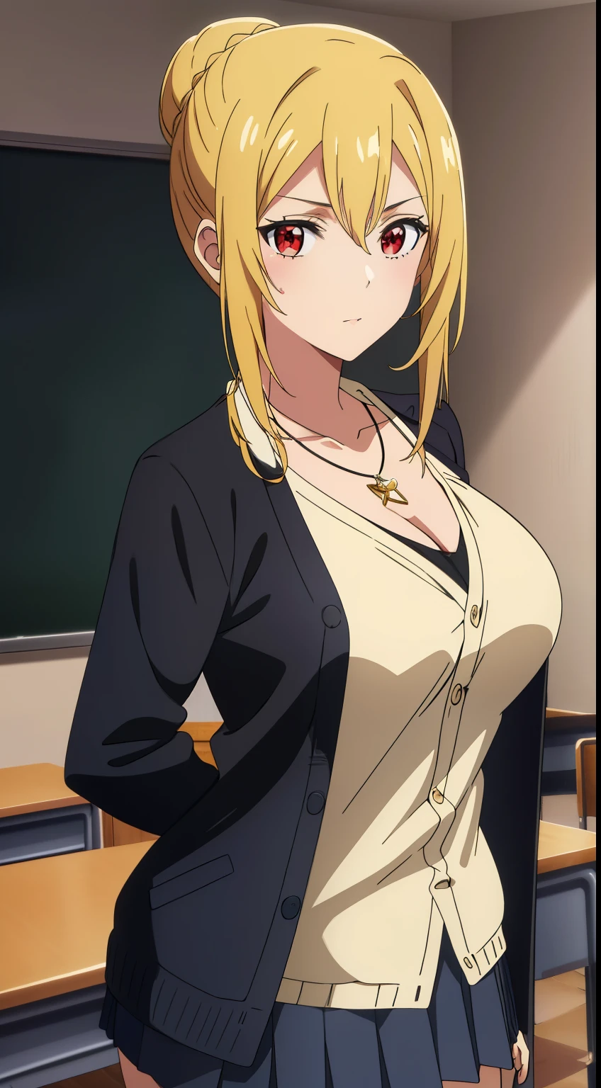 highest quality, High resolution, 8k, Anime art style, Beautiful fine details, Highly detailed face, Soft look, Stylish pose, Angelica V4,One girl,alone,Red eyes, (Collared shirt, White shirt, necklace, jewelry, Black sweater, cardigan, mini skirt, classroom, Cowboy Shot), Looking at the audience, Center the image, Beautiful medium large breasts, Beautiful Face, Narrow waist, Charm, Soft lighting,