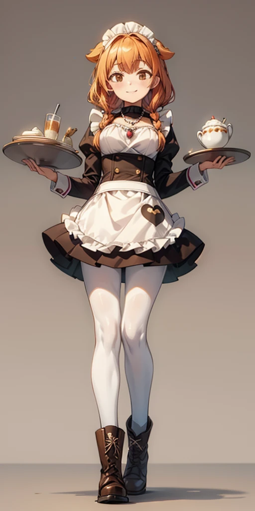 (masterpiece, plain background) full body standing straight symmetrical, lustful smirking smile face red blush red cheeks, looking at viewer, view from below, holding tray empty, 2braids, maid headdress, pearl necklace heart shaped, maid, dress, white apron, long sleeves, brown pantyhose, long leather military boots, thighs, long hair, roxanne dog fluffy ears