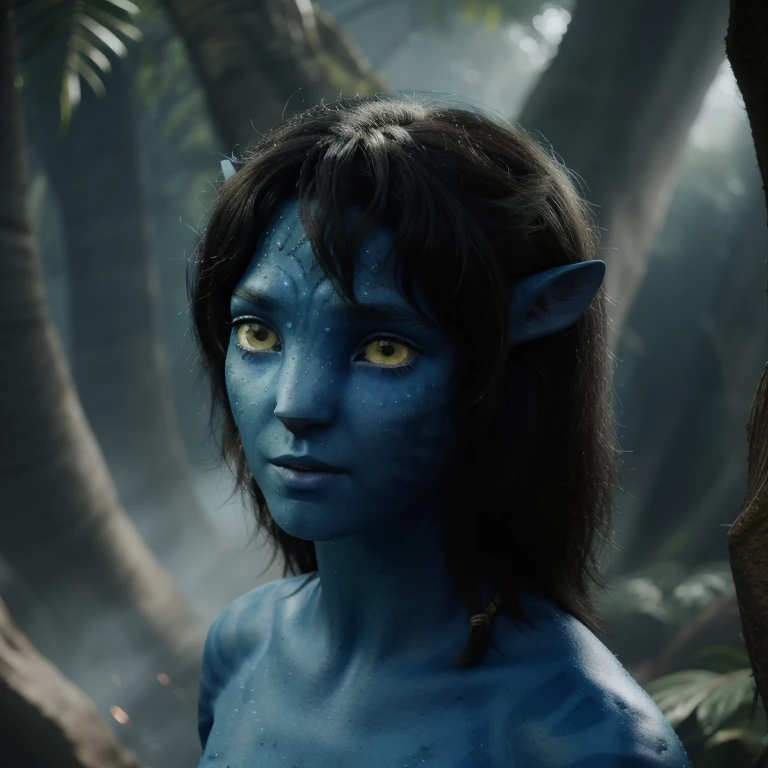 avtr:1.1, avatar style, portrait:1.6, 1girl, female, (AvKiri), (blue skin tone:1.0), (long curly hair:1.0), black hair color, yellow eyes, (young adult), 18 years old:1, face wrinkles, wearing tribal clothing, detailed eyes, toned body, muscled body, vibrant colors, glowing, ethereal atmosphere, surrealistic dreamy lighting, textured skin, otherworldly beauty, mesmerizing photography, (best quality, highres), vivid colors, ultrarealistic, skin details, striped skin, sfw, face close-up:0.5, ultradetailed body