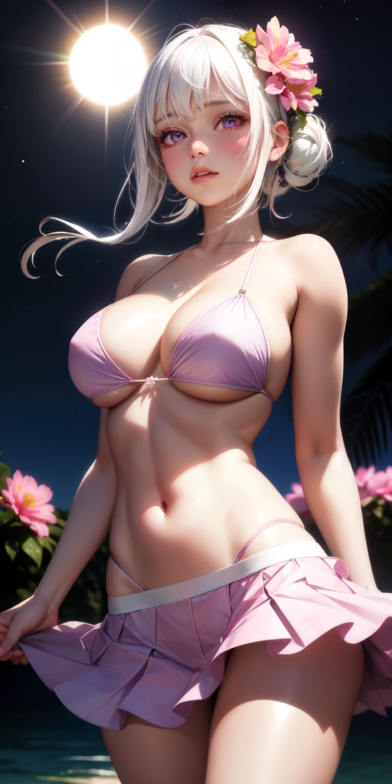 realistic, 1girl, white hair, purple eyes, glowing eyes, bikini pink, big , skirt, parted lips, blush, night, flowers, sun, sunlight,
