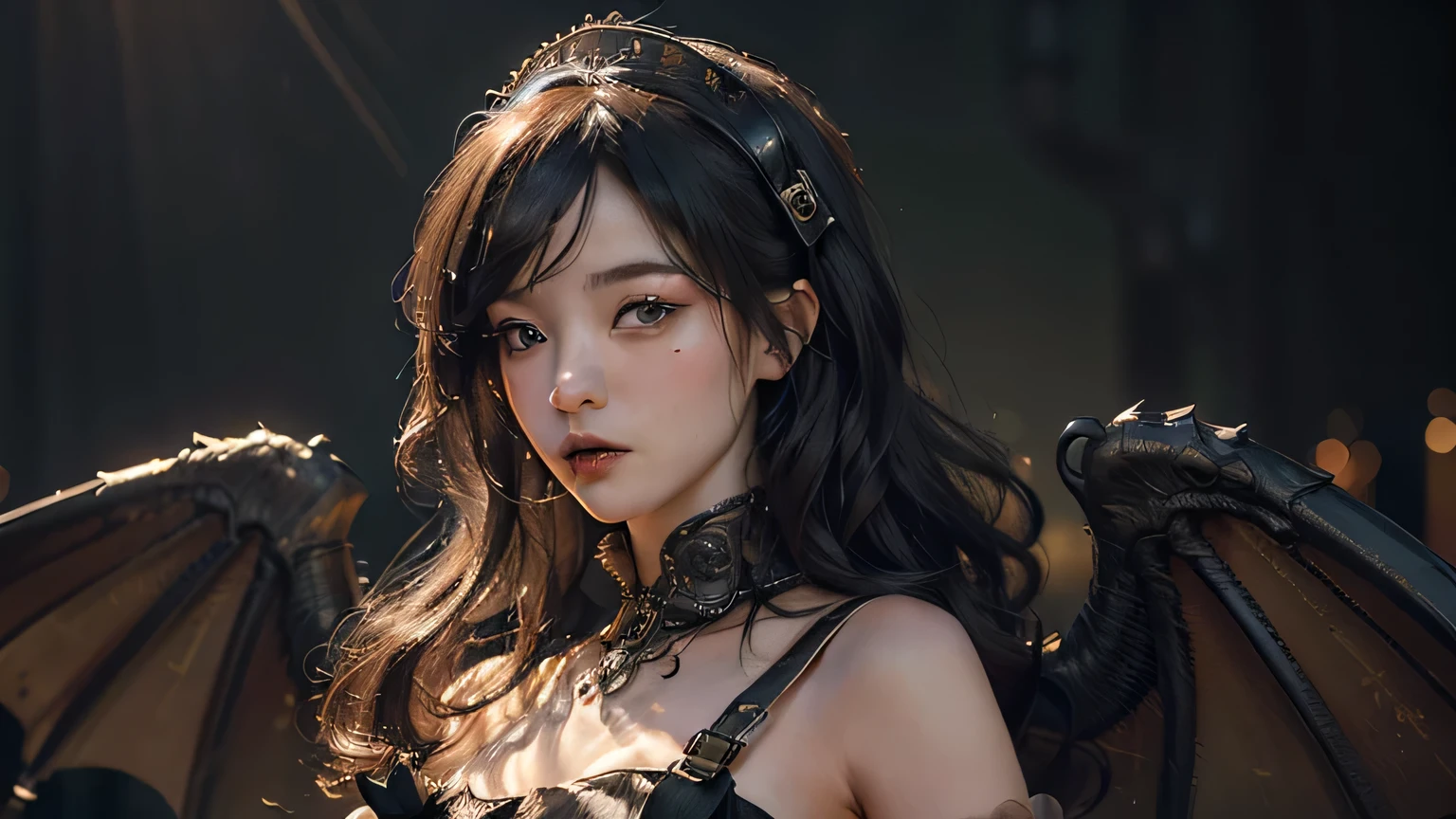 (((masterpiece, highest quality, Very detailed))), (((( Very detailedな顔))), Small, thin nose, A small, thin-lipped mouth, (((Very sharp focused eyes))), Very large slit、Green long dress、Precise pale grey eyes that sparkle like jewels. Very long eyelashes, long black hair with black vertical curls,, Thick bangs, Vertically curled princess cut, (((A fusion of highly decorative Gothic Lolita fashion and overly decorated Steampunk fashion.))), Very dramatic and cinematic lighting, (((Overall accuracy has been dramatically improved, creating a Very detailed and realistic and realistic images))).A dragon stands behind him, spreading its wings and looking forward.