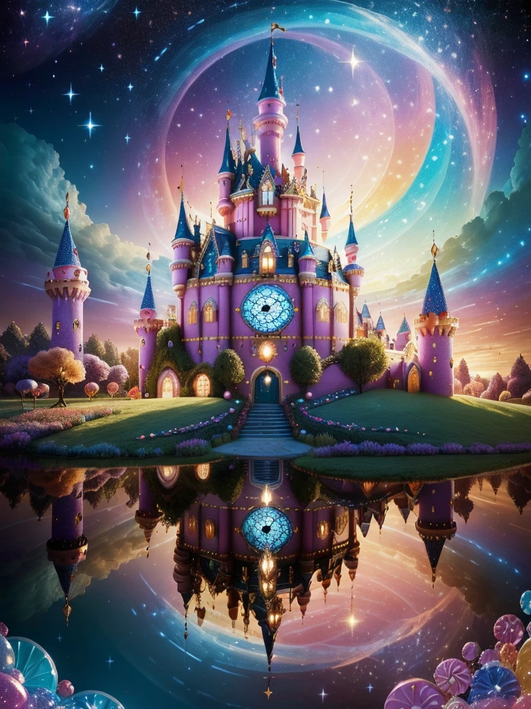 clock_realm, ((masterpiece)), ((best quality)), 8k, High Detail, Super detailed, ((Fantastic and charming fantasy castle)), Surreal Portraits, (Fantasy themed castle), (Whimsical Clock Work Accessories), (rich and colorful, Landscape full of candy), (enchanting, Magical Creatures), (Energetic, candy colored building), (Sweets and Candy Road), (Candy Castle)In the distance, (Like a mirror, asymmetrical masterpiece clock accessory), (rich, Dreamy colors), (twinkling stars) Elevated, (four dimensional dream), (Charming and enchanting atmosphere), (Playful composition), (vivid lights), (Magical Effect)