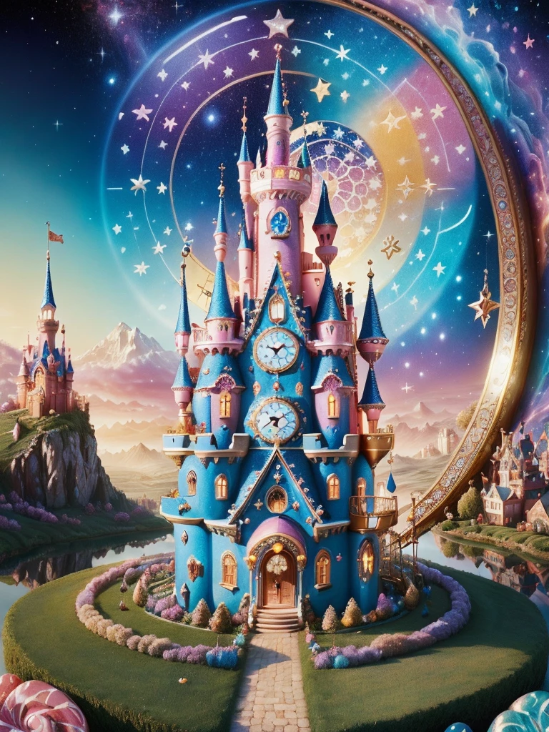 clock_realm, ((masterpiece)), ((best quality)), 8k, High Detail, Super detailed, ((Fantastic and charming fantasy castle)), Surreal Portraits, (Fantasy themed castle), (Whimsical Clock Work Accessories), (rich and colorful, Landscape full of candy), (enchanting, Magical Creatures), (Energetic, candy colored building), (Sweets and Candy Road), (Candy Castle)In the distance, (Like a mirror, asymmetrical masterpiece clock accessory), (rich, Dreamy colors), (twinkling stars) Elevated, (four dimensional dream), (Charming and enchanting atmosphere), (Playful composition), (vivid lights), (Magical Effect)