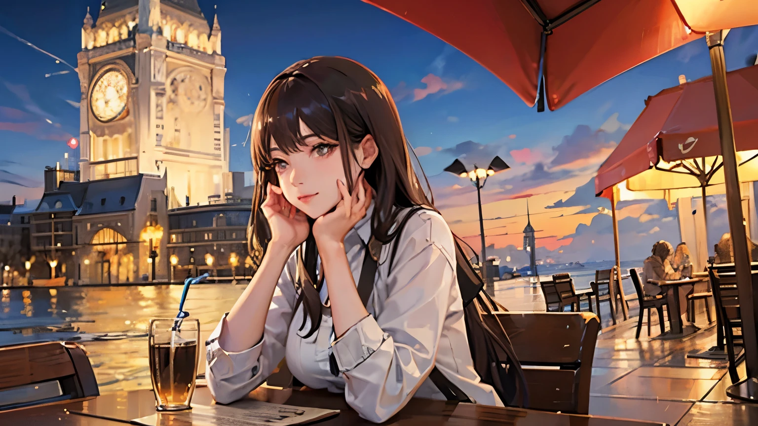A warm and cozy cafe　Woman drinking coffee　Relaxing　Outside, the sparkling beach