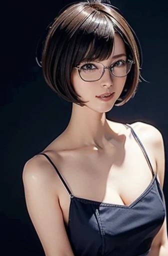 (masterpiece), (8k, best quality, high resolution), (ultra-detailed, realistic), (anatomically correct),
((face close-up)), (Standing), (No background),
(1woman), (looking at viewer),
(A Japanese woman, 30 years old and 155cm tall.),
(black hair), (straight hair), (short hair style), (bob cut), (hair behind ears),
(wear glasses), ((black cell frame glasses)),
((Wear a navy blue spaghetti strap dress)), (Mini length dress with simple design),
(Create a detailed image of the eye),
(Her impression is pure, clean and kind.),
((A captivating smile, just showing a few teeth.)),