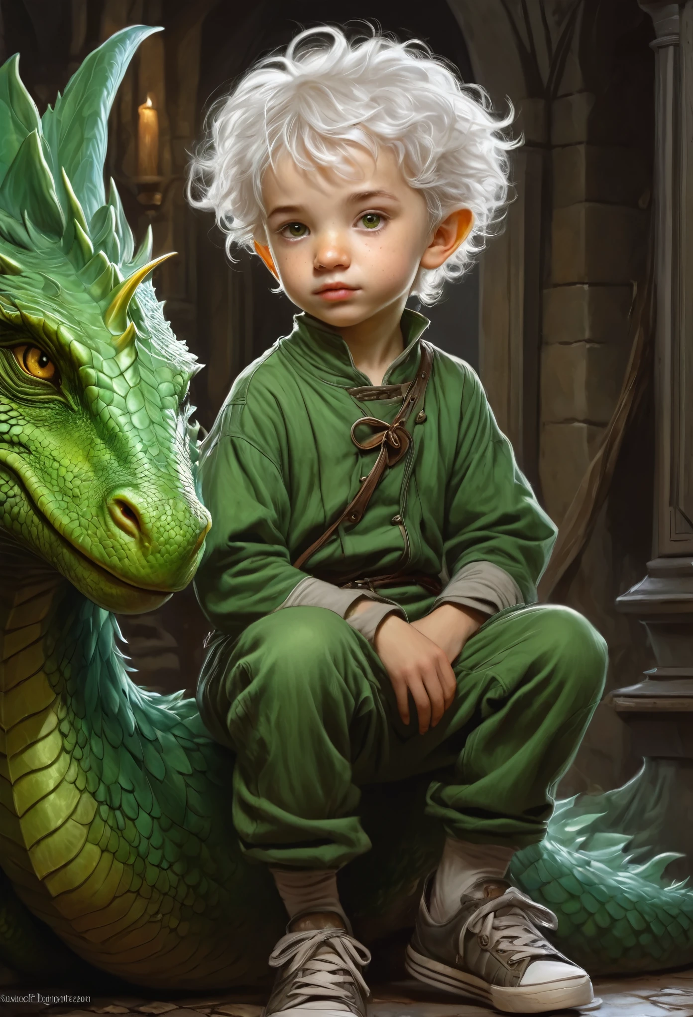 Jeanne-Baptiste Monge, 5 , cute boy, funny, with freckles, a boy with disheveled white hair, curls, big yellow eyes, eyebrows, a house, a snub nose, plump lips with a bow, in a green jumpsuit and sneakers, next to a large green dragon, a book image in the RPG genre, an image from "Dungeons and dragons", fantasy image, book illustration in fantasy style, graphic artist Magali Villeneuve, image of the author in faces, concept art image in fantasy style, realistic illustration in fantasy