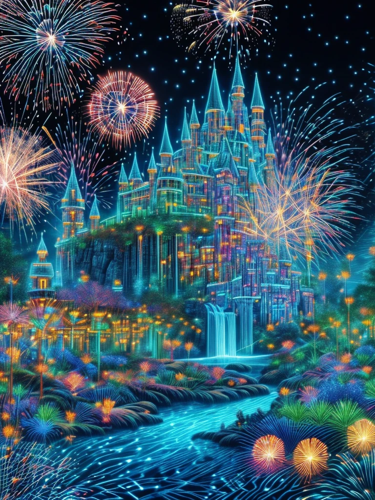 (Neon)，Circuit Board，(moon:1.5)，(Bubbles)，(fireworks:1.5)，Dreams，(Psychedelic)，(Neon light)，(A peaceful and magical dream castle)，In this vibrant，Charming surroundings，center，A dreamy and majestic castle，Central Lake，Surrounded by a variety of aquatic plants，Many different types and colors of flowers adorn the beautiful landscape，Multiple waterfalls burst from nearby cliffs，Their waters sparkle in the dawn light，When they poured into the lake，The sun is just beginning to peek over the horizon，The first rays of sunlight of the day cast beautiful, warm tones over the castle and surrounding nature.，(Ultra HD, masterpiece, precise, Anatomically correct, textured skin, High Detail, high quality, The award-winning, 8k)，Mysterious charm, Utopian Clean Energy City