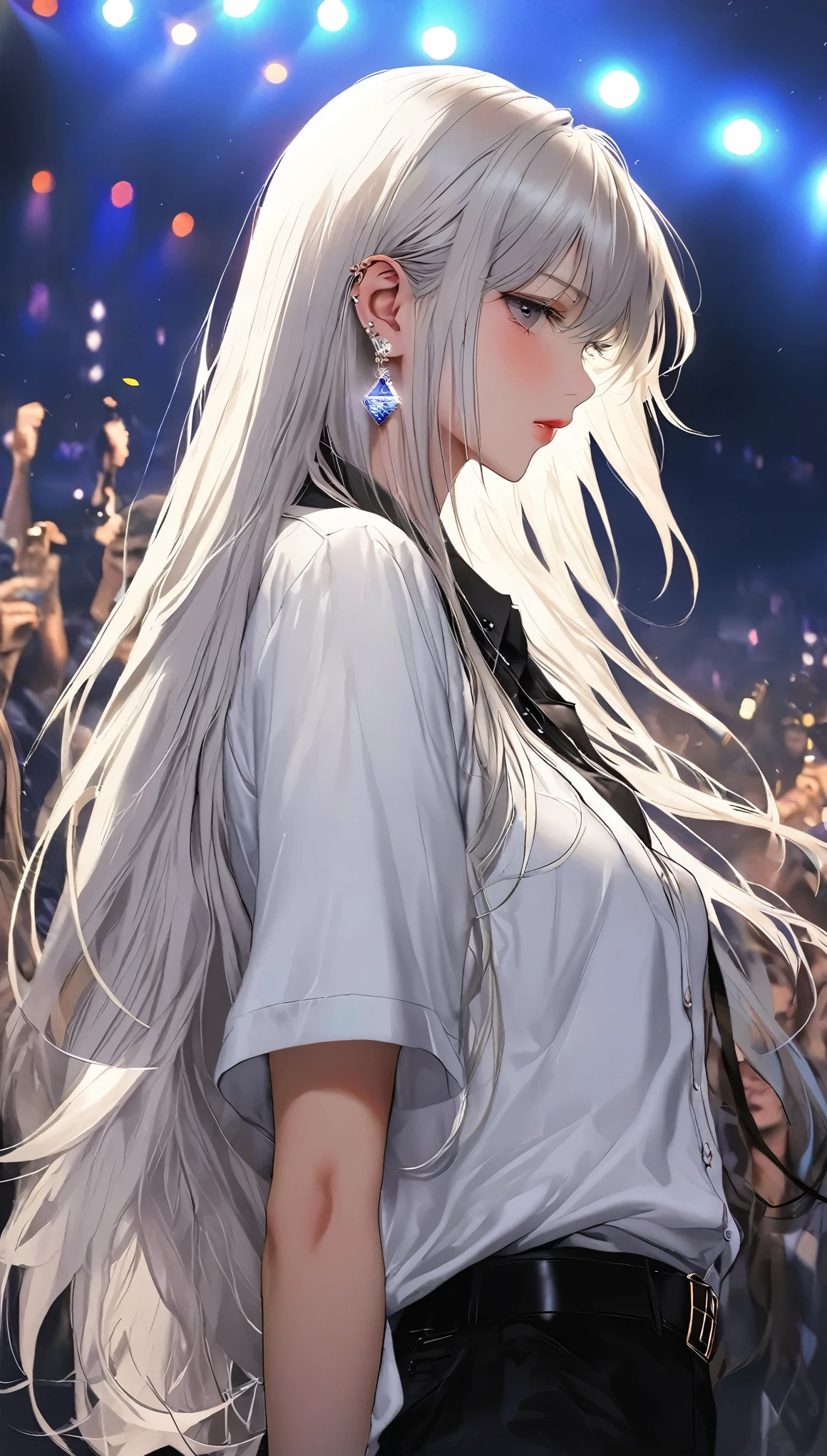 1 Girl, Solitary, Long hair, shirt, Looking at the audience, white shirt, Bangs, Upper Body, earrings, from the side, jewelry, white hair, Shut up