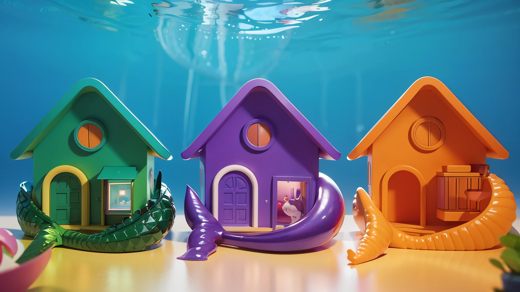 The image depicts three houses made of fish tails, sitting on the ocean floor. The left house is green, the middle one is purple, and the right one is orange. 3d underwater world algae sand. The image depicts a 3D rendered illustration of a boy and a girl with their hands shaped in the shape of a heart. They are both smiling and have red hair. The background is blue. cartoon characters stand next to each other, Electricsbunny, Holographic creatures, Beeple and Jeremiah Ketner, 🐋 as 🐘 as 🤖 as 👽 as 🐳, matte, Rabbids, cute 3D rendering, 3D icon for mobile game, robot rabbit, Shiny metallic, 3D персонажи violet cat toy, toy cat laying on glossy , glossy texture, smooth 3d model, multiple light sources, rim light, sharp post effects render, (glossy  big light probe refractions), perfect cgi, cgi art created only with gradients, smooth silhouette, high intensity refraction, ( ), most beautiful vfx, blue background