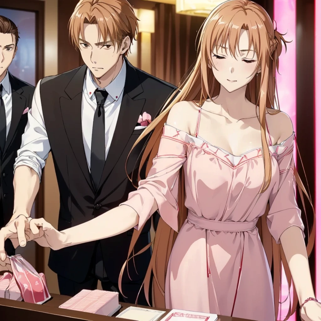 ((highest quality)), ((masterpiece)), (detailed), Perfect Face、Yuuki Asuna、（The woman is a brown-haired Japanese）、((A woman, completely drunk, is dragged by a white man into the front desk of a pink neon love hotel.))、（A white man embraces a drunk woman and takes her to the front desk of a love hotel）、((The white man is tall, well-built, and has a strong body.))、The woman is dressed casually、Man dressed casually、（The woman is drunk and in a good mood, her face is red and her eyes are closed.）、In front of the pink neon love hotel