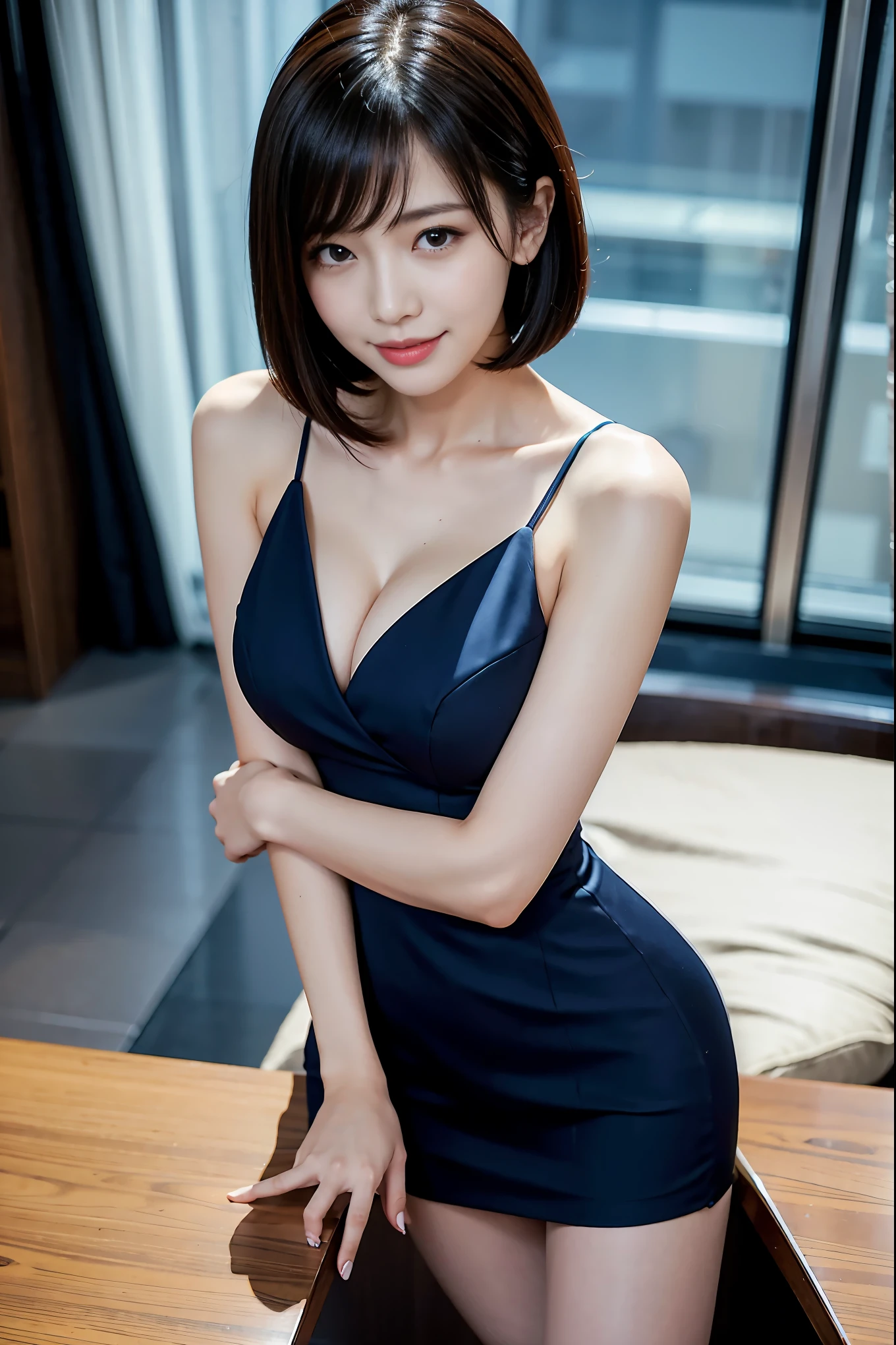 Top view、night、office、night景、Bob Cut Hair、Navy blue suit、Short skirt、beauty secretary、Cleavage（Very large breasts、Very thin and long legs、Perfect figure、High heels、whole body、smile）、1 female、No makeup、23 years old、（masterpiece、8K,RAW Photos、High resolution:1.4）、The soft look enhances the calm expression of a woman.。
