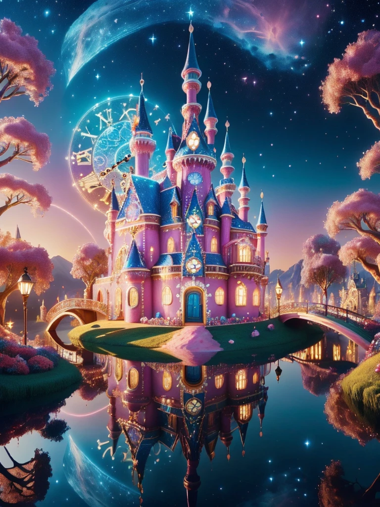 clock_realm, ((masterpiece)), ((best quality)), 8k, High Detail, Super detailed, ((Fantastic and charming fantasy castle)), Surreal Portraits, (Fantasy themed castle), (Whimsical Clock Work Accessories), (rich and colorful, Landscape full of candy), (enchanting, Magical Creatures), (Energetic, candy colored building), (Sweets and Candy Road), (Candy Castle)In the distance, (Like a mirror, asymmetrical masterpiece clock accessory), (rich, Dreamy colors), (twinkling stars) Elevated, (four dimensional dream), (Charming and enchanting atmosphere), (Playful composition), (vivid lights), (Magical Effect)