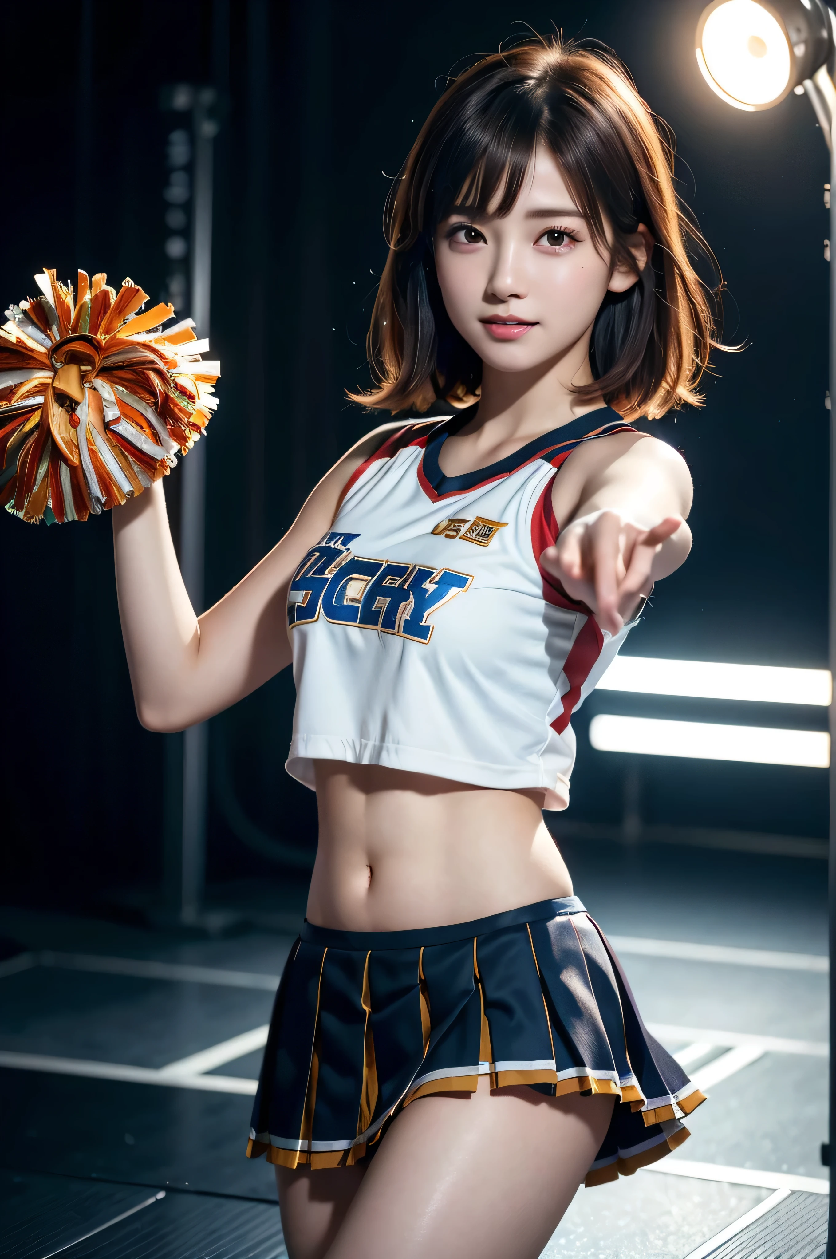 (Best Quality, master piece, Ultra high resolution, (Photorealsitic:1.4), Raw photo, extremely detailed), cowboy shot, dynamic pose, looking at viewer, (1girl, -yeld, Jaese number one idol and the most popular cheerleader, dancing at school festival's stage, upturned beautiful ass, wearing only Cheerleader's sleeveless shirt and pleated skirt), extremely cute face like a Japanese famous idol, surprisingly beautiful big black eyes, amazingly cute smile, short-cut-haired, detailed face, detailed eyes, detailed hair, detailed body, detailed hands, detailed arms, detailed thighs, detailed cheerleader's sleeveless shirt, detailed pleated skirt