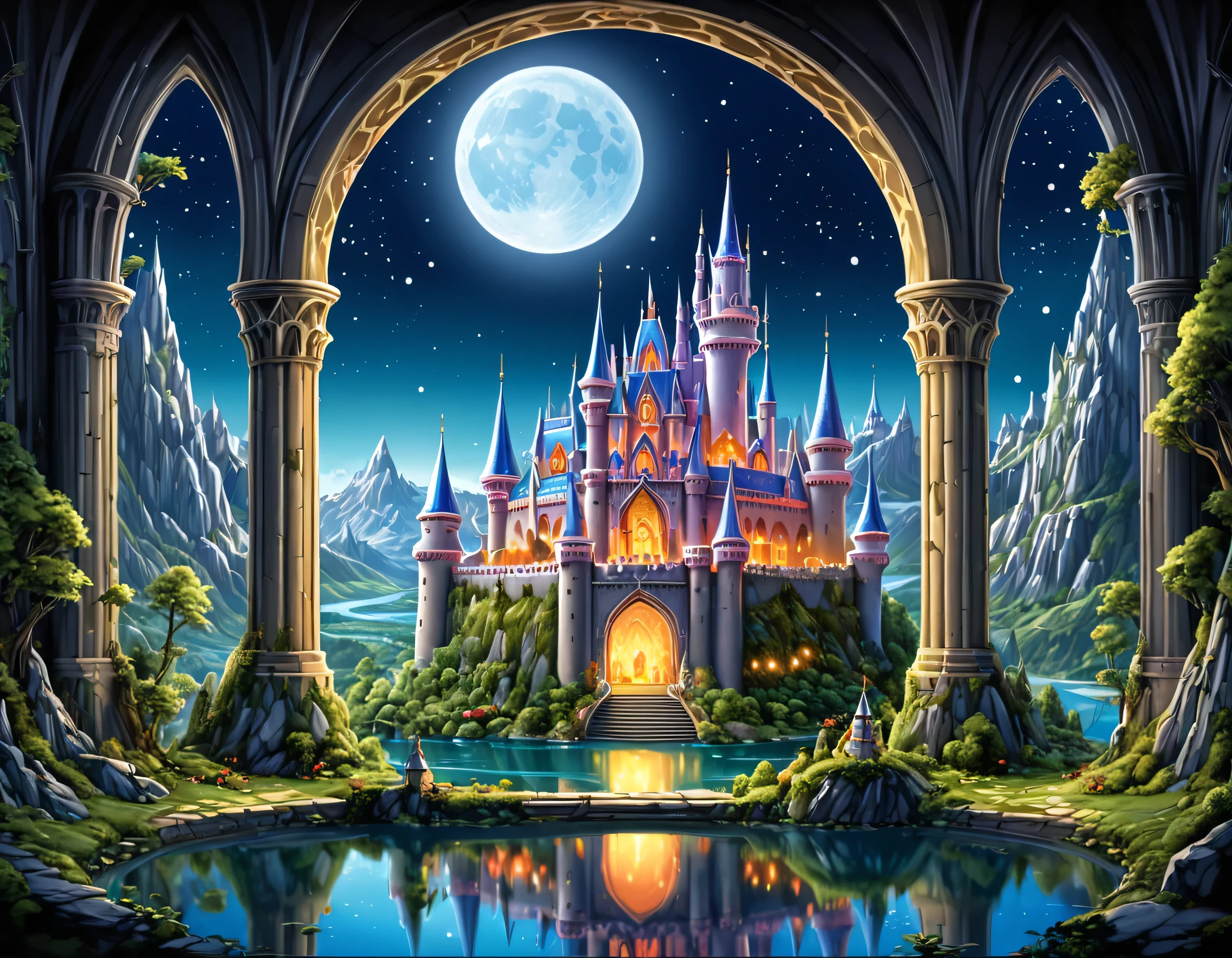 fantasy art, RPG art, a portrait picture of a beautiful human  princess looking through her window at a magical castle, a beautiful elven princess looking through her window to see a magical castle, an impressive best detailed castle, with towers, bridges, a moat, standing on top of a mountain, moon, colouredglazecd_xl, BJ_Full_Moon