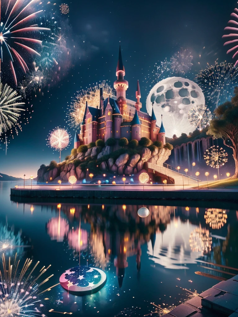 (Neon)，Circuit Board，(moon:1.5)，(Bubbles)，(fireworks:1.5)，Dreams，(Psychedelic)，(Neon light)，(A peaceful and magical dream castle)，In this vibrant，Charming surroundings，center，A dreamy and majestic castle，Central Lake，Surrounded by a variety of aquatic plants，Many different types and colors of flowers adorn the beautiful landscape，Multiple waterfalls burst from nearby cliffs，Their waters sparkle in the dawn light，When they poured into the lake，The sun is just beginning to peek over the horizon，The first rays of sunlight of the day cast beautiful, warm tones over the castle and surrounding nature.，(Ultra HD, masterpiece, precise, Anatomically correct, textured skin, High Detail, high quality, The award-winning, 8k)，Mysterious charm, Utopian Clean Energy City