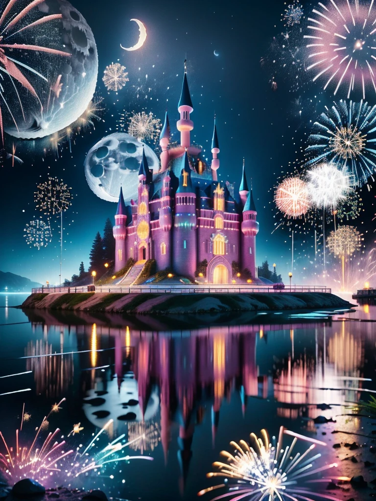 (Neon)，Circuit Board，(moon:1.5)，(Bubbles)，(fireworks:1.5)，Dreams，(Psychedelic)，(Neon light)，(A peaceful and magical dream castle)，In this vibrant，Charming surroundings，center，A dreamy and majestic castle，Central Lake，Surrounded by a variety of aquatic plants，Many different types and colors of flowers adorn the beautiful landscape，Multiple waterfalls burst from nearby cliffs，Their waters sparkle in the dawn light，When they poured into the lake，The sun is just beginning to peek over the horizon，The first rays of sunlight of the day cast beautiful, warm tones over the castle and surrounding nature.，(Ultra HD, masterpiece, precise, Anatomically correct, textured skin, High Detail, high quality, The award-winning, 8k)，Mysterious charm, Utopian Clean Energy City