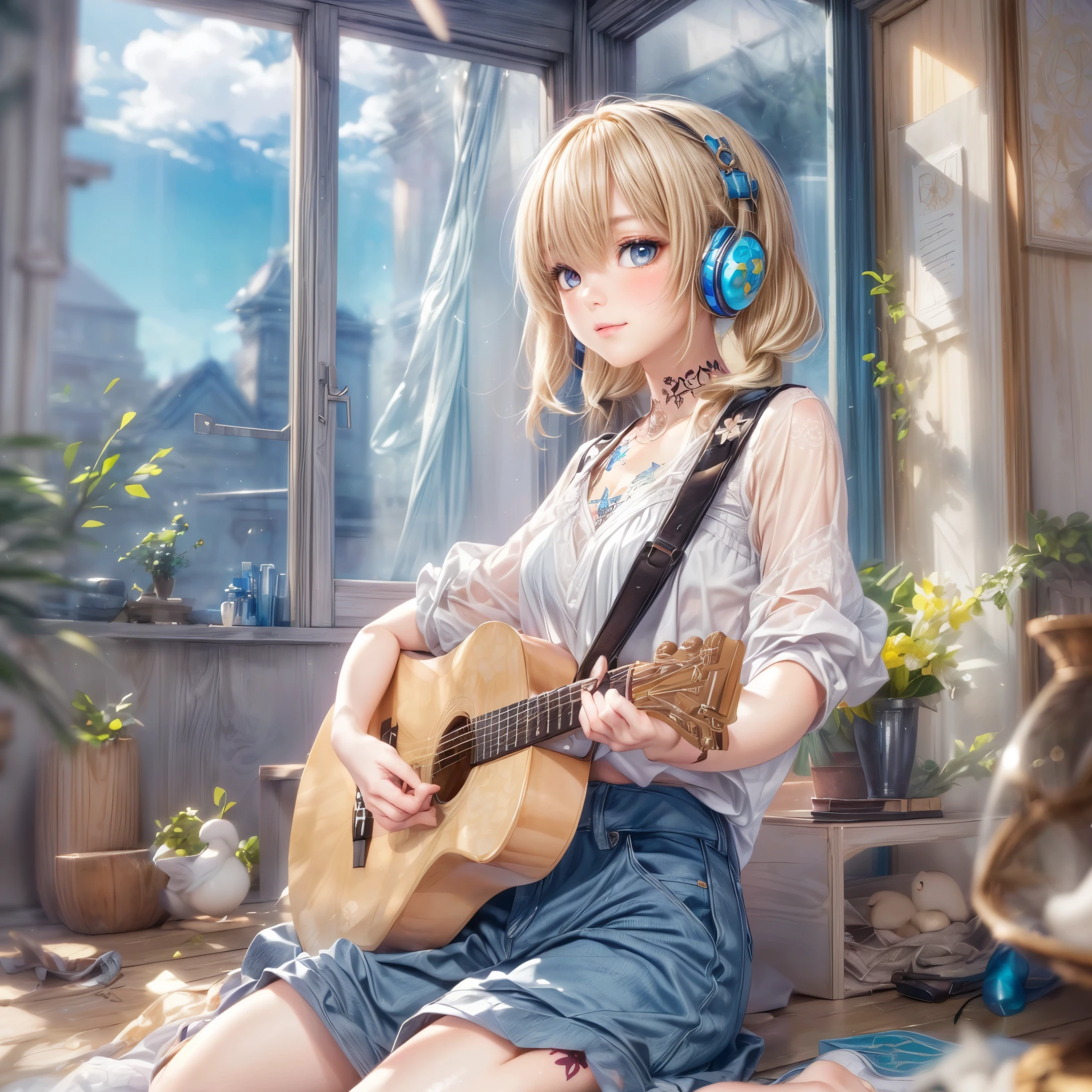 disorganized, (solo 1.4),Super detailed,bright colors,very beautiful detailed anime face and eyes, from side,short hair,(Asymmetrical bangs and short twintails),shiny hair,put on headphones,grand piano in the room,(sleeveless shirt:1.2),(There&#39;s a lot of sheet music on the floor:1.3),delicate and beautiful face,blush,(deep blue eyes:1.3),(naughty smile:1.4),(short denim pants:1.1),shiny hair,(double teeth),(bright sunlight),(flash),I can see the blue sky from the window、