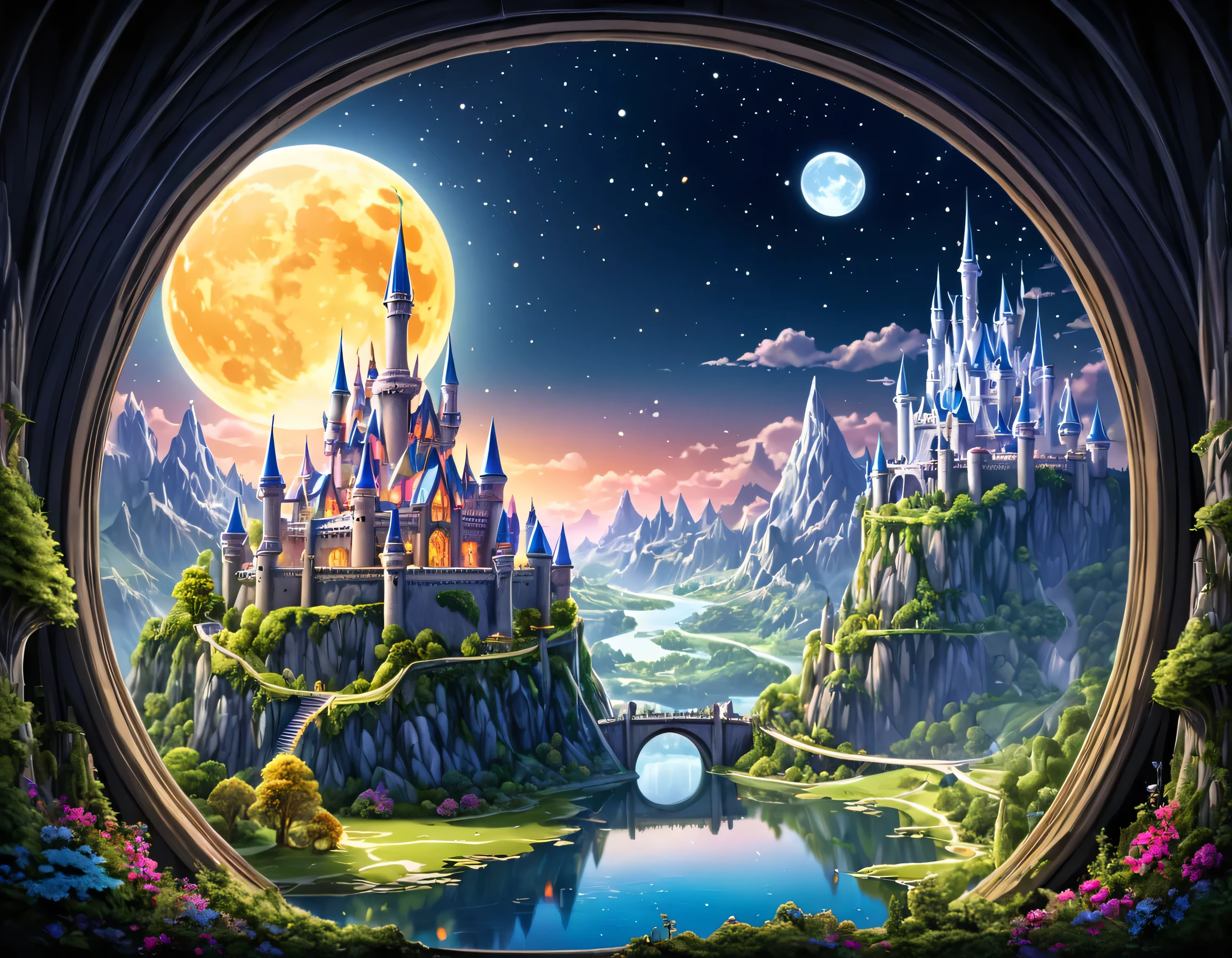 fantasy art, RPG art, a portrait picture of a beautiful human  princess looking through her window at a magical castle, a beautiful elven princess looking through her window to see a magical castle, an impressive best detailed castle, with towers, bridges, a moat, standing on top of a mountain, moon, colouredglazecd_xl, BJ_Full_Moon