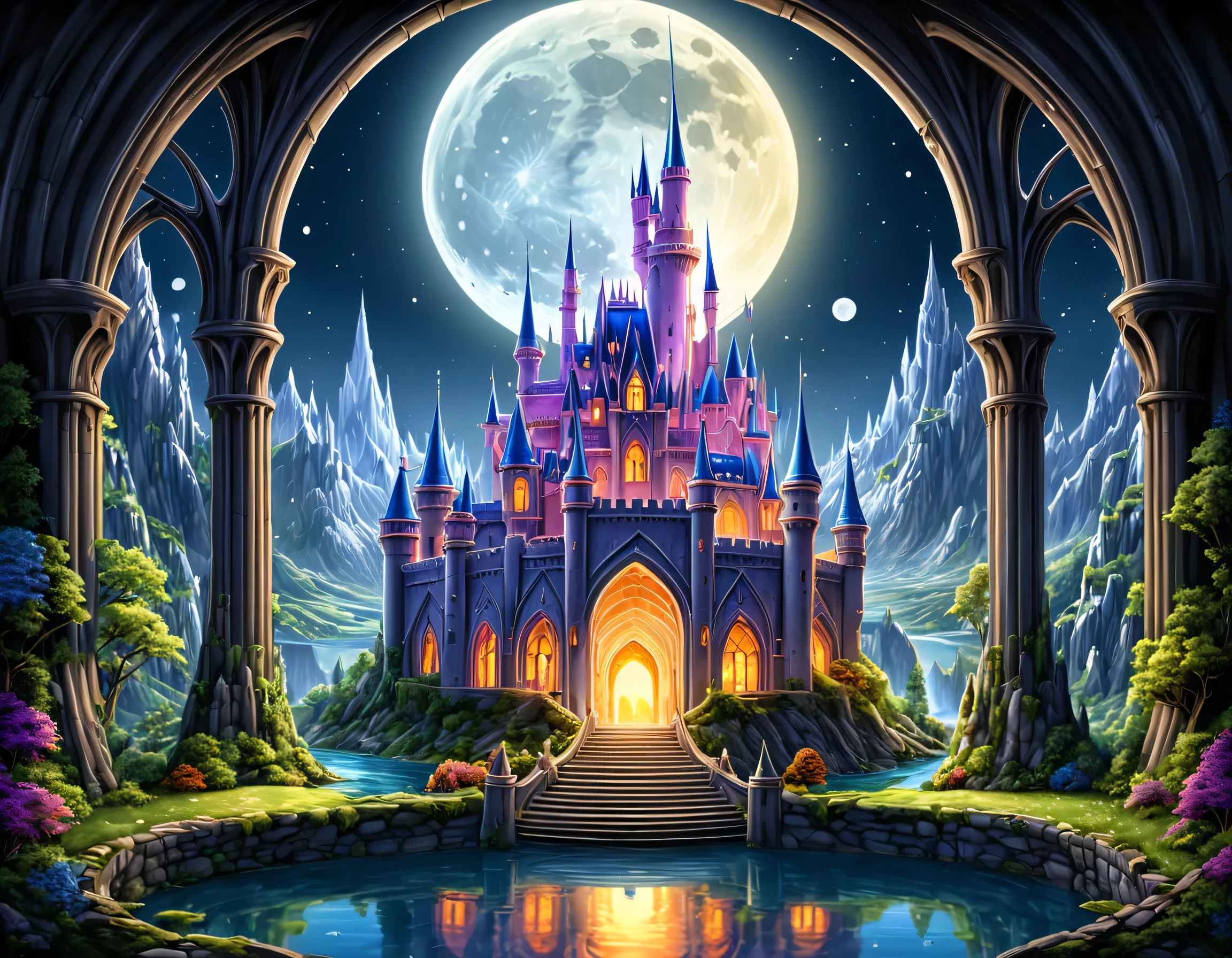 fantasy art, RPG art, a portrait picture of a beautiful human  princess looking through her window at a magical castle, a beautiful elven princess looking through her window to see a magical castle, an impressive best detailed castle, with towers, bridges, a moat, standing on top of a mountain, moon, colouredglazecd_xl, BJ_Full_Moon