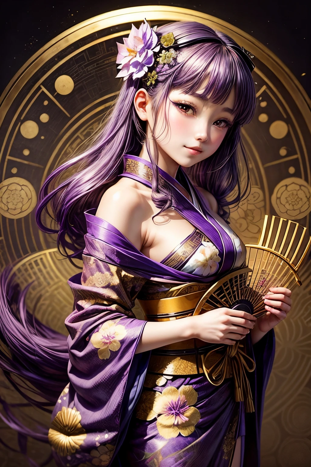 Girl kimono hydrangea Klimt-like atmosphere Iris background cute Purple Hair A touch reminiscent of Japanese painting Golden geometric pattern background Golden Eyes smile Hold the fan in your right hand、Dance Japan Porcelain-like skin Western face Art Nouveau