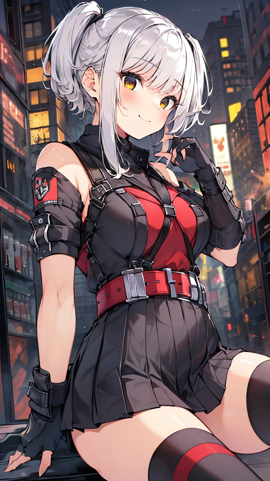 1girl, solo, belorta, breasts,(white hair, short hair), bangs, skirt, d, thighhighs, gloves,(bare_shoulders), twintails, closed_mouth, ,yellow_eyes, pleated_skirt, boots, tongue, black_gloves, belt, black_thighhighs, miniskirt, fingerless_gloves, black_skirt, black_footwear, zettai_ryouiki, tattoo,(upper body),,seductive smile