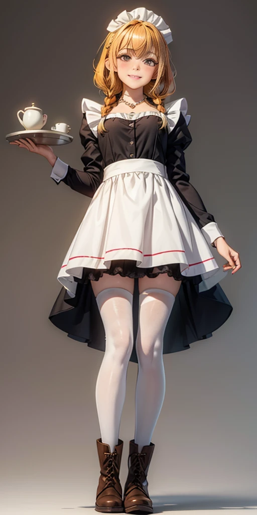 (masterpiece, plain background) full body standing straight symmetrical, lustful smirking smile face red blush red cheeks, looking at viewer, view from below, holding tray empty, 2braids, maid headdress, pearl necklace heart shaped, maid, dress, white apron, long sleeves, brown pantyhose, long leather military boots, thighs, long hair, roxanne dog fluffy ears