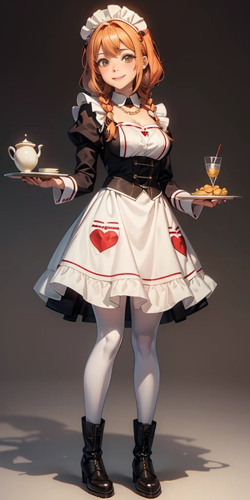 (masterpiece, plain background) full body standing straight symmetrical, lustful smirking smile face red blush red cheeks, looking at viewer, view from below, holding tray empty, 2braids, maid headdress, pearl necklace heart shaped, maid, dress, white apron, long sleeves, brown pantyhose, long leather military boots, thighs, long hair, roxanne dog fluffy ears