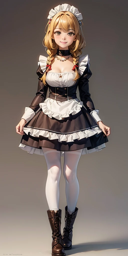 (masterpiece, plain background) full body standing straight symmetrical, lustful smirking smile face red blush red cheeks, looking at viewer, view from below, holding tray empty, 2braids, maid headdress, pearl necklace heart shaped, maid, dress, white apron, long sleeves, brown pantyhose, long leather military boots, thighs, long hair, roxanne dog fluffy ears