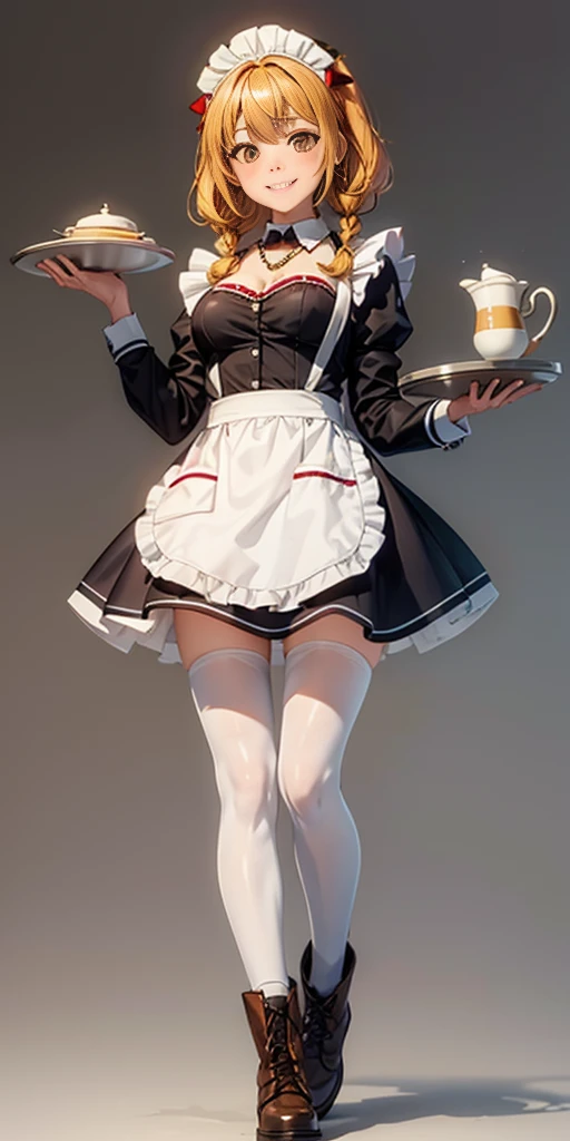 (masterpiece, plain background) full body standing straight symmetrical, lustful smirking smile face red blush red cheeks, looking at viewer, view from below, holding tray empty, 2braids, maid headdress, pearl necklace heart shaped, maid, dress, white apron, long sleeves, brown pantyhose, long leather military boots, thighs, long hair, roxanne dog fluffy ears