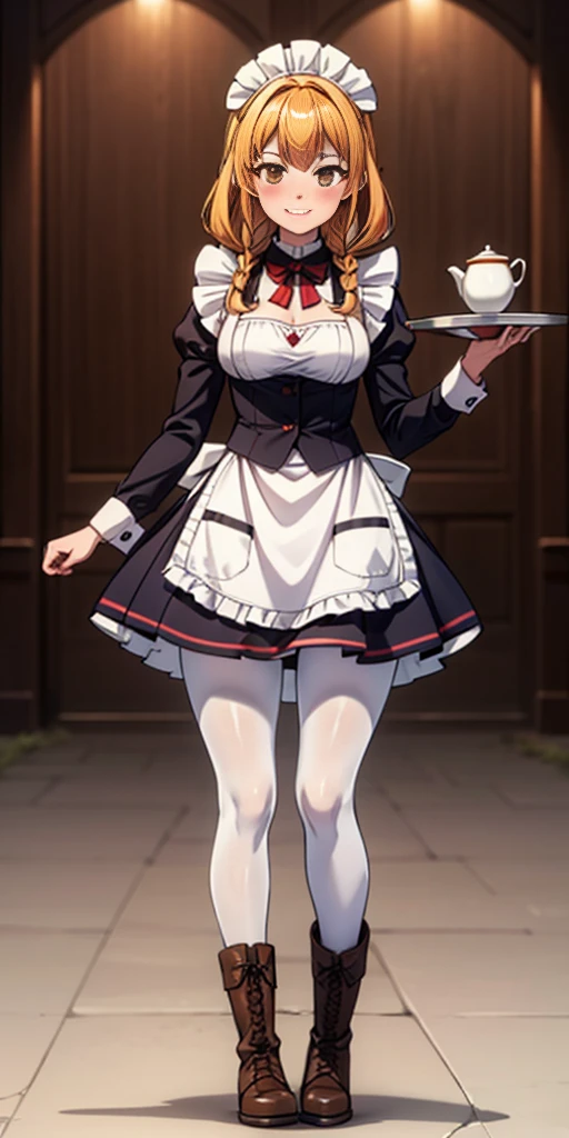 (masterpiece, plain background) full body standing straight symmetrical, lustful smirking smile face red blush red cheeks, looking at viewer, view from below, holding tray empty, 2braids, maid headdress, pearl necklace heart shaped, maid, dress, white apron, long sleeves, brown pantyhose, long leather military boots, thighs, long hair, roxanne dog fluffy ears