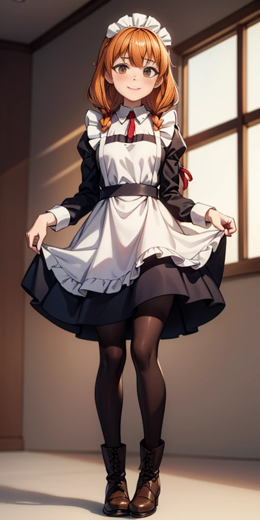 (masterpiece, plain background) full body standing straight symmetrical, lustful smirking smile face red blush red cheeks, looking at viewer, view from below, holding tray empty, 2braids, maid headdress, pearl necklace heart shaped, maid, dress, white apron, long sleeves, brown pantyhose, long leather military boots, thighs, long hair, roxanne dog fluffy ears