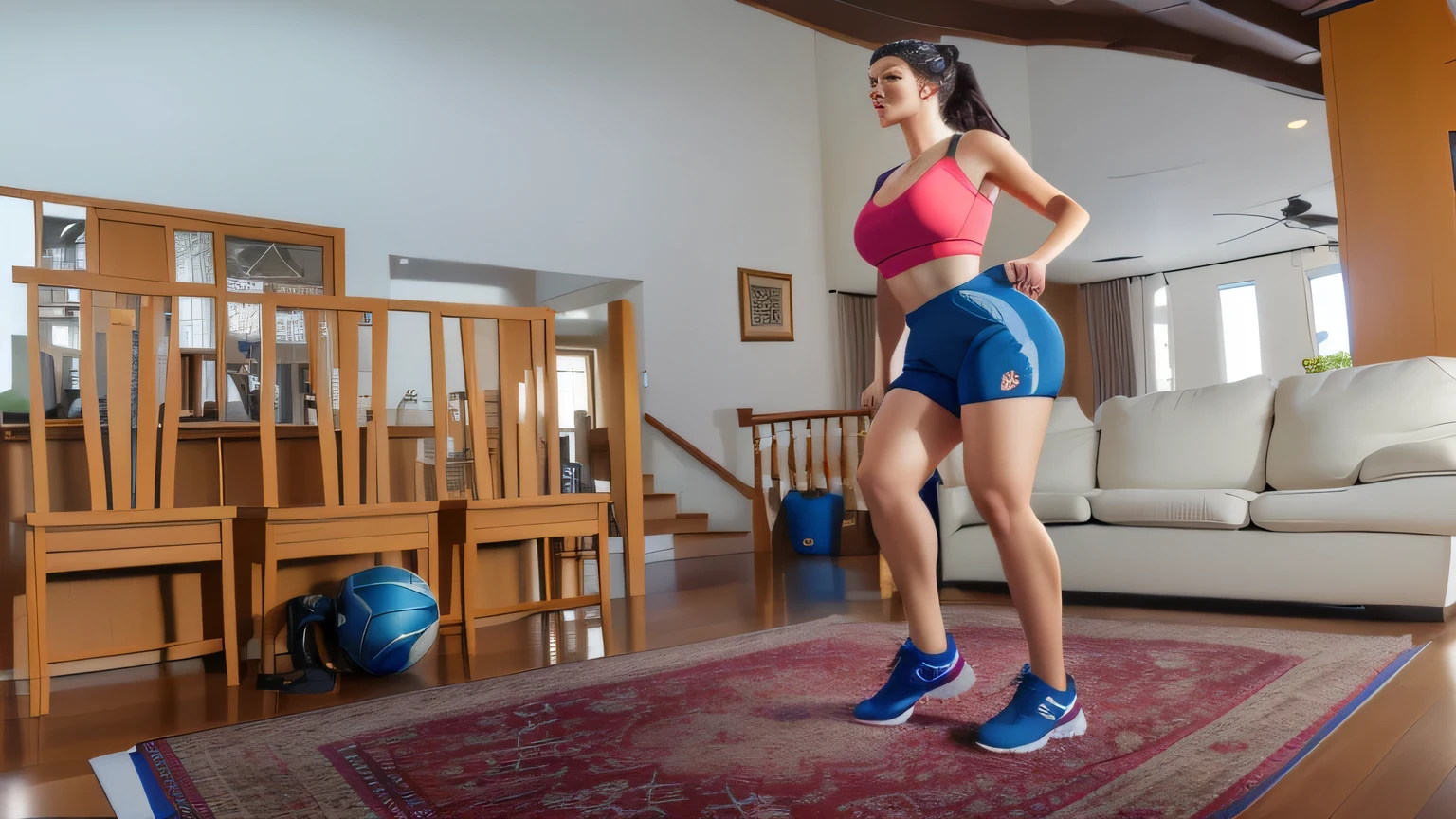 there is a woman standing on a rug in a living room, lunging at camera :4, full body wide shot, leg and hip shot, in shorts, sport bra and shorts, side view of her taking steps, middle shot waist up, bum, hip and leg shot, jumping towards viewer, sport bra and dark blue shorts, indoor shot, medium distance shot