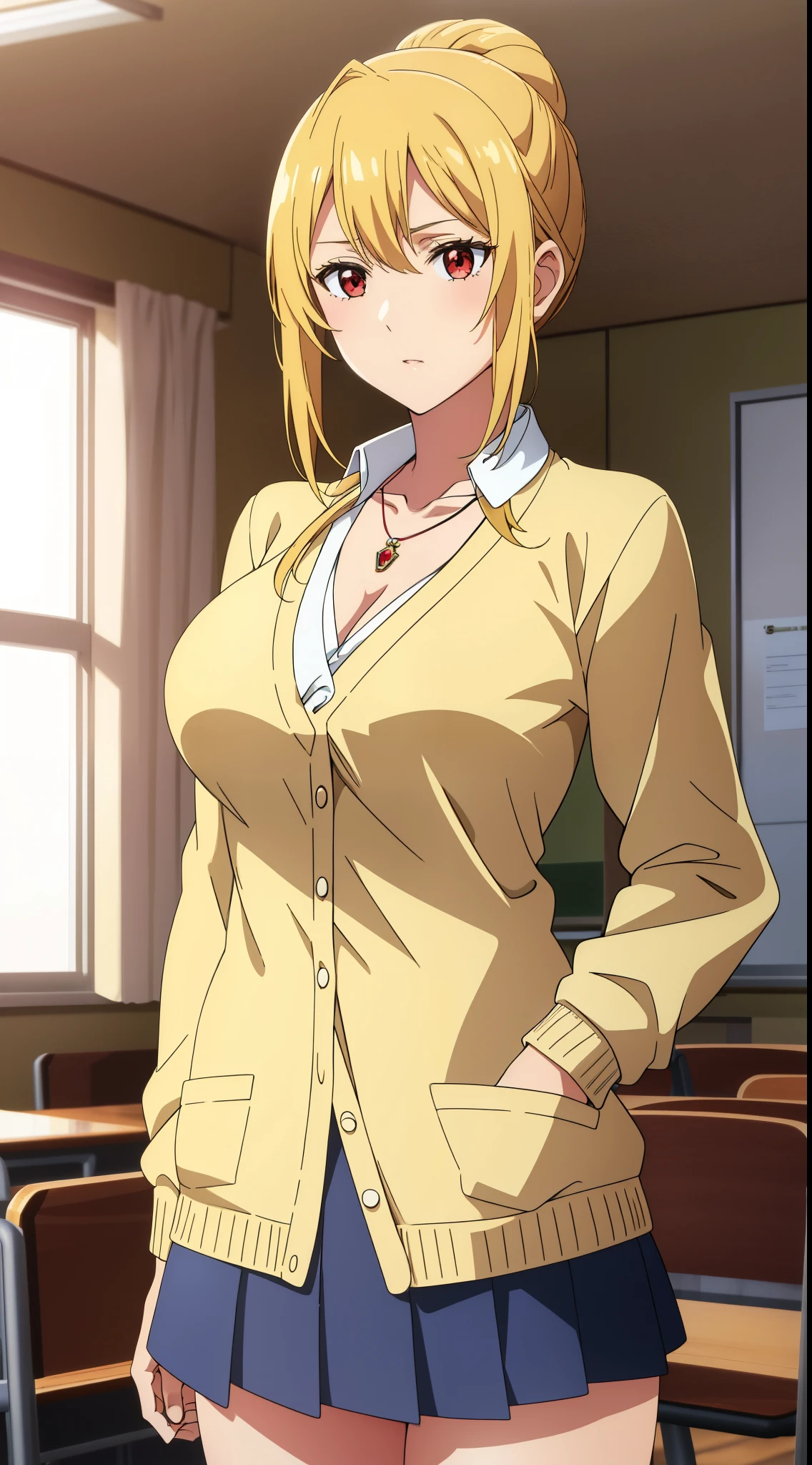 highest quality, High resolution, 8k, Anime art style, Beautiful fine details, Highly detailed face, Soft look, Stylish pose, Angelica V4,One girl,alone,Red eyes, (Collared shirt, White shirt, necklace, jewelry,  cardigan, mini skirt, classroom, Cowboy Shot), Looking at the audience, Center the image, Beautiful medium large breasts, Beautiful Face, Narrow waist, Charm, Soft lighting,Titty fuck