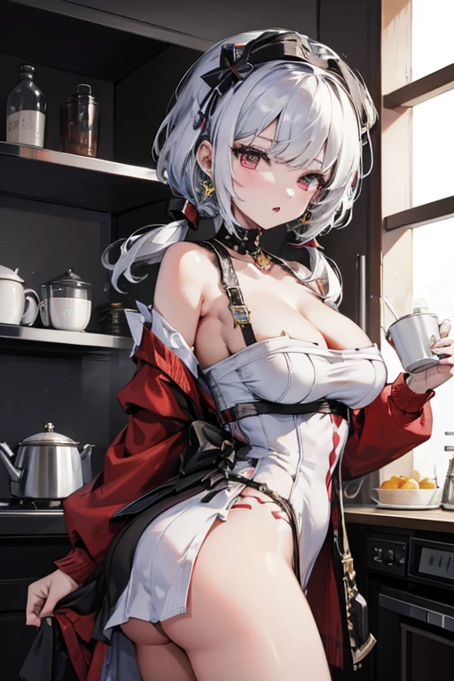 masterpiece, 1girl, Amazing Cleavage:1.3, thin waist, big ass, Raised sexy, medium breast:1.3,posed cleavage:1.2,solo, looking at viewer, open mouth, have a cup of coffee,black hair, red eyes, dress, bare shoulders, jewelry, collarbone, sidelocks, hairband, earrings, indoors, off shoulder, :o, sweater, arms behind back, plant, short hair with long locks, white hairband, off-shoulder dress, sweater dress, off-shoulder sweater, red sweater, big side hair, very long side hair,is rendered in (masterpiece: 1.2, best quality), with (ultra high resolution) and an exquisite (depth of field). This masterpiece is not only visually stunning but also tells, make of cooking some cakes ,in the kitchen