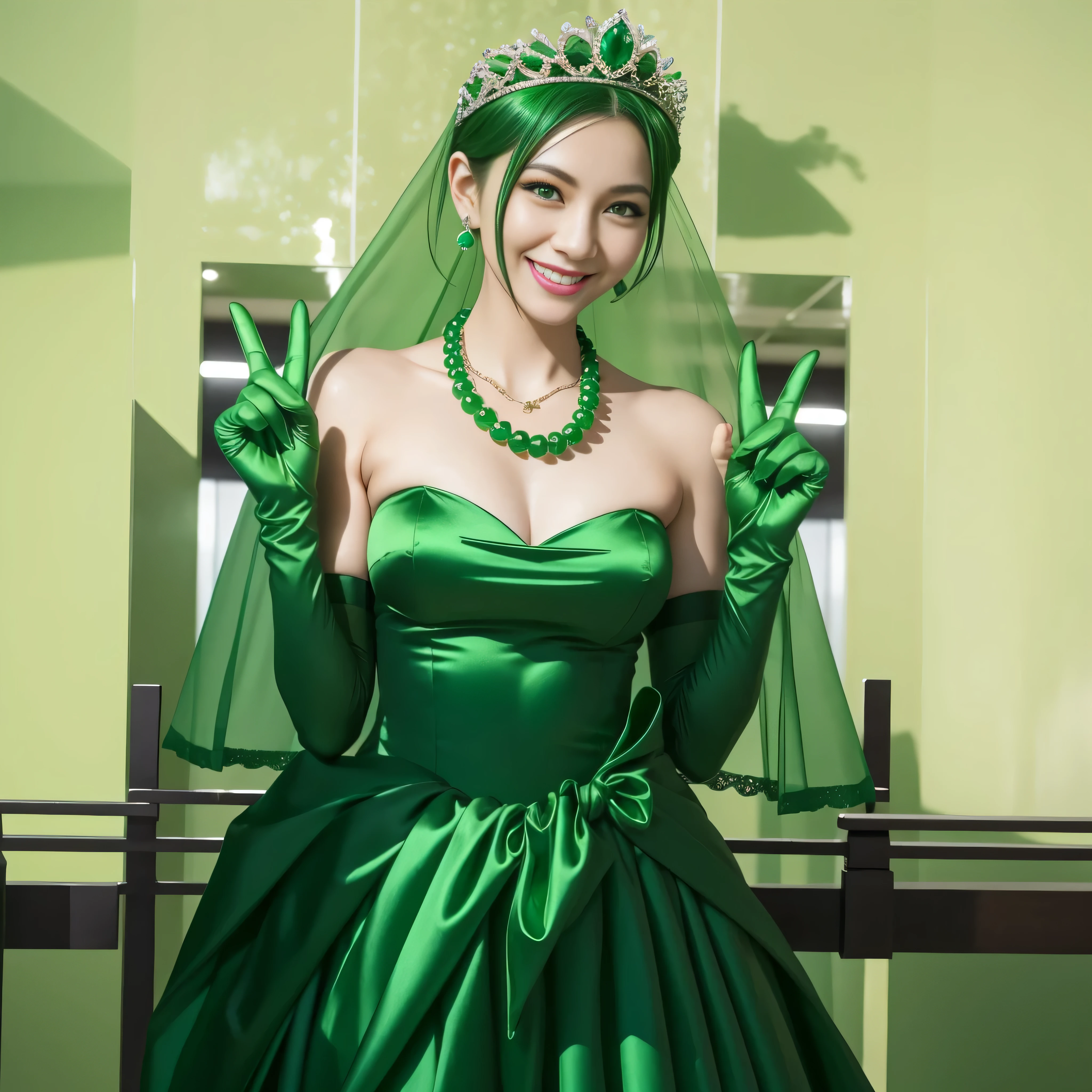 Emerald tiara, Green Pearl Necklace, Boyish very short green hair, lipstick, Smiling Japanese woman, Very short hair, Big tits beautiful, Green Eyes, Long green satin gloves, Green Eyes, v sign, Emerald Earrings, Green Veil