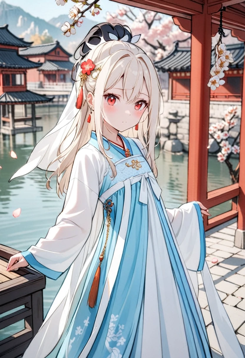 (2girl,yuri:1.3),[(1girl is Miyu Edelfelt),bangs,brown_eyes,black hair)],(1girl is illyasviel von einzbern,cream hair,red eyes)],updo,expressionless,blush,blue_flower,beautiful detailed_background,small breasts,butterfly,(blue and white porcelain gorgeous hanfu, jin style outfits),gold trim,upper shan, chest ru skirt, cape coat,earrings,mask,chain,face chain,((veil)),explicit,flower,general,x hair_ornament,hanfu,((peach blossom)),jewelry,long_hair,looking_at_viewer,questionable,sensitive,solo,tassel,tassel_earrings,upper_body,(spring),Chinese style architecture, Chinese style, lake, ancient town, beautiful and meticulous water, (Fishing boat), pavilion,steam,Surrounding by falling peach blossoms petals, han style,