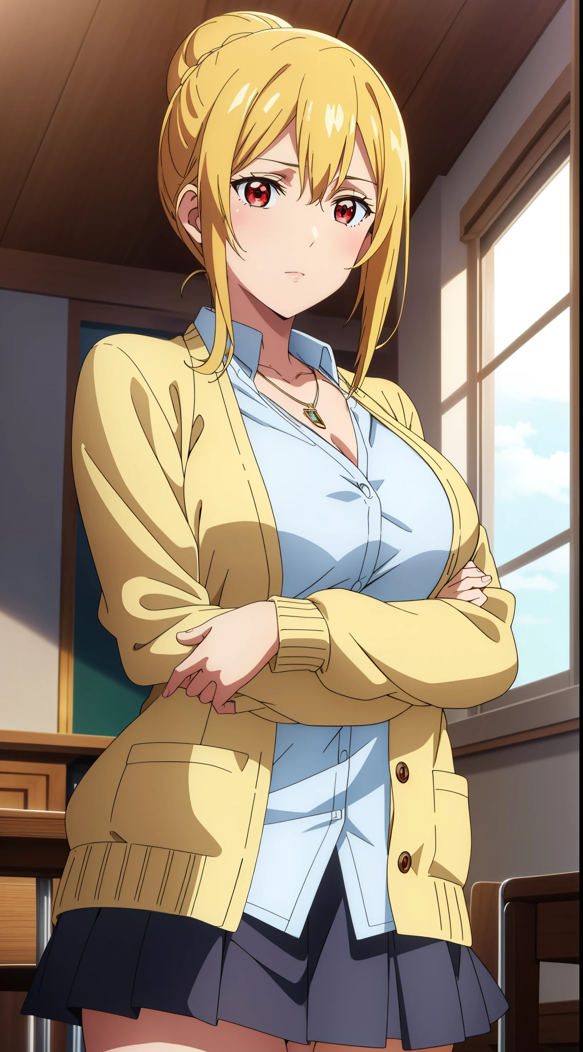 highest quality, High resolution, 8k, Anime art style, Beautiful fine details, Highly detailed face, Soft look, Stylish pose, Angelica V4,One girl,alone,Red eyes, (Collared shirt, White shirt, necklace, jewelry, cardigan, mini skirt, classroom, Cowboy Shot), Looking at the audience, Center the image, Beautiful medium large breasts, Beautiful Face, Narrow waist, Charm, Soft lighting,Titty fuck