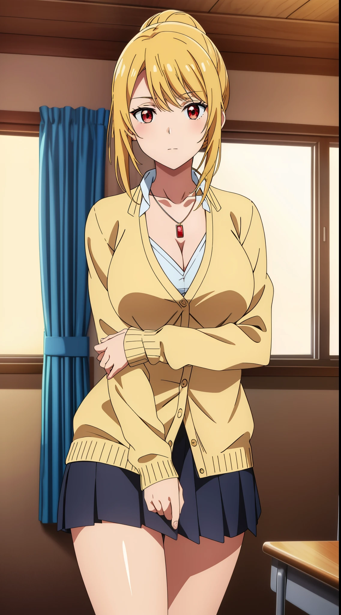 highest quality, High resolution, 8k, Anime art style, Beautiful fine details, Highly detailed face, Soft look, Stylish pose, Angelica V4,One girl,alone,Red eyes, (Collared shirt, White shirt, necklace, jewelry, cardigan, mini skirt, classroom, Cowboy Shot), Looking at the audience, Center the image, Beautiful medium large breasts, Beautiful Face, Narrow waist, Charm, Soft lighting,Titty fuck