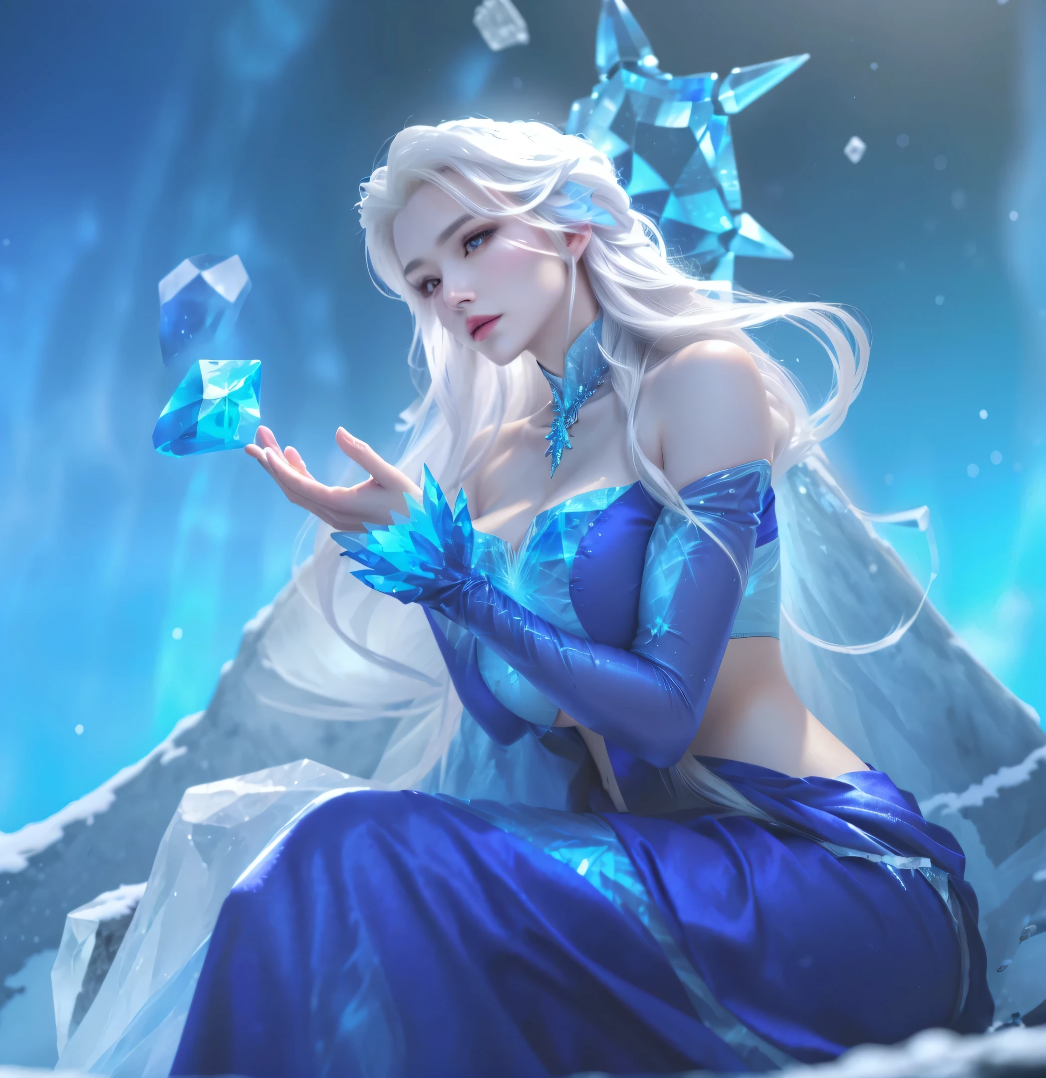 a woman in a blue dress sitting on a rock with a blue and white dress, queen of ice and storm, ice sorceress, ice queen, goddess of winter, crystalline skin, portrait of elsa of arendelle, queen of winter, ice mage, crystal maiden, elsa, maya ali as a storm sorcerer, beautiful elsa, the ice queen, (Best Quality, 8k, 32k, Masterpiece, UHD:1.hoto of Attractive Japanese Woman, dark green eyes, red head, 1 Girl, (Big Boobs:1.2), Abs, Perfect Body, Ultra Detailed Face, Detailed Lips, Fine Eyes, double eyelids